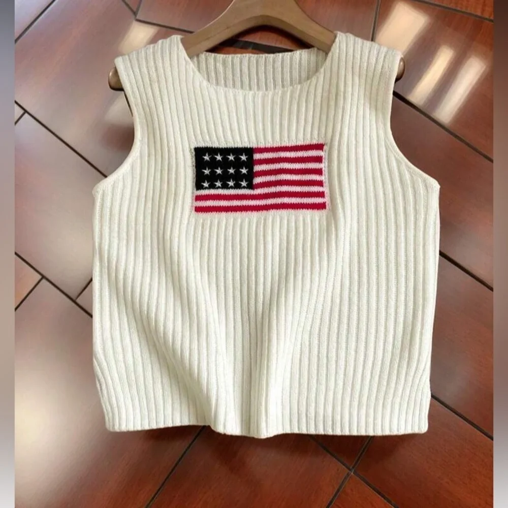Cream Ribbed Knit Tank with Flag Patch - Picture 2 of 8